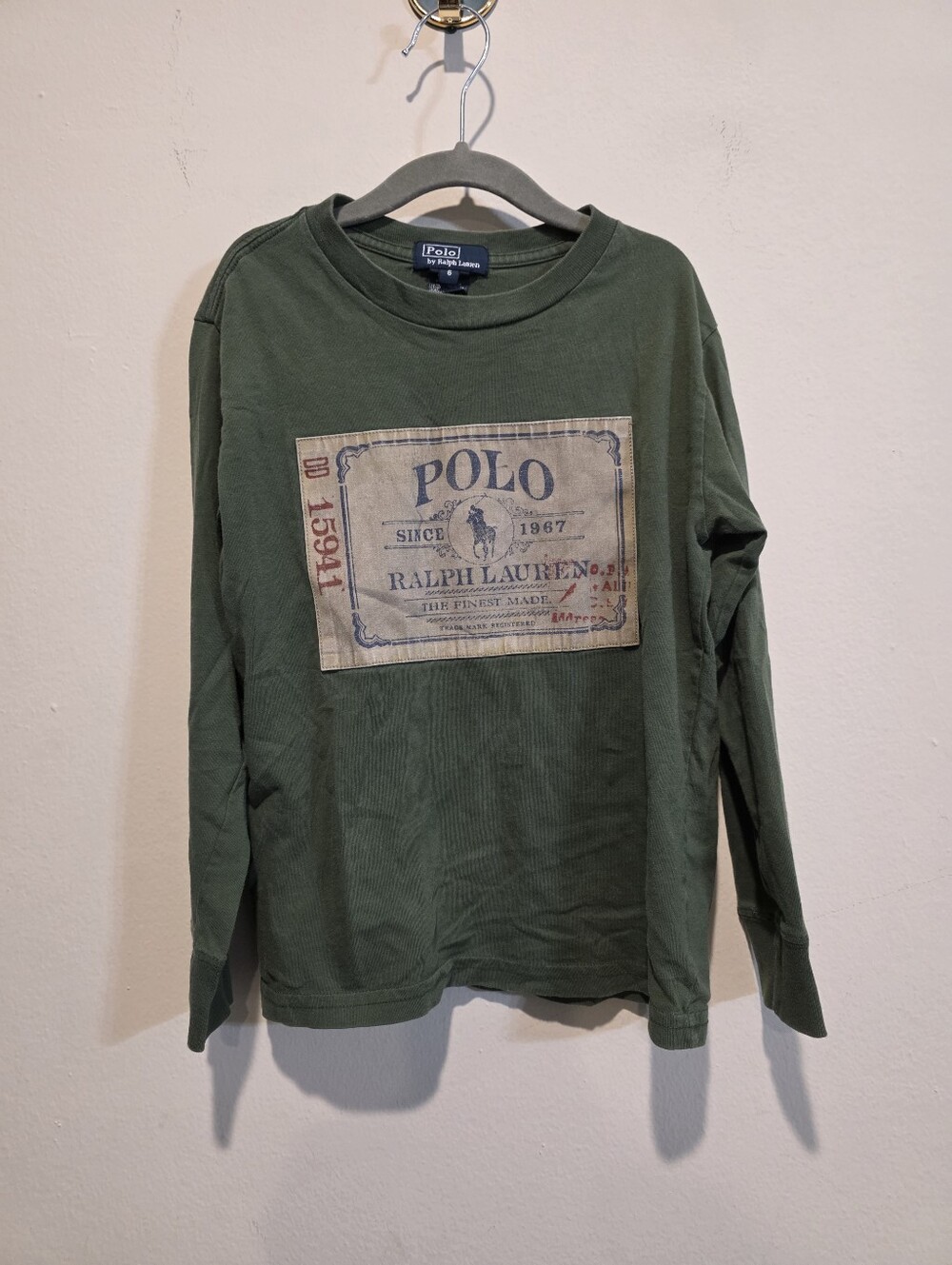 Polo Ralph Lauren Boys Size 6 Olive Green Graphic Patch Long Sleeve Tee Shirt